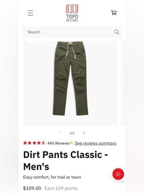 Topo Designs Men’s Dirt Pants Classic Olive Green, Size Small